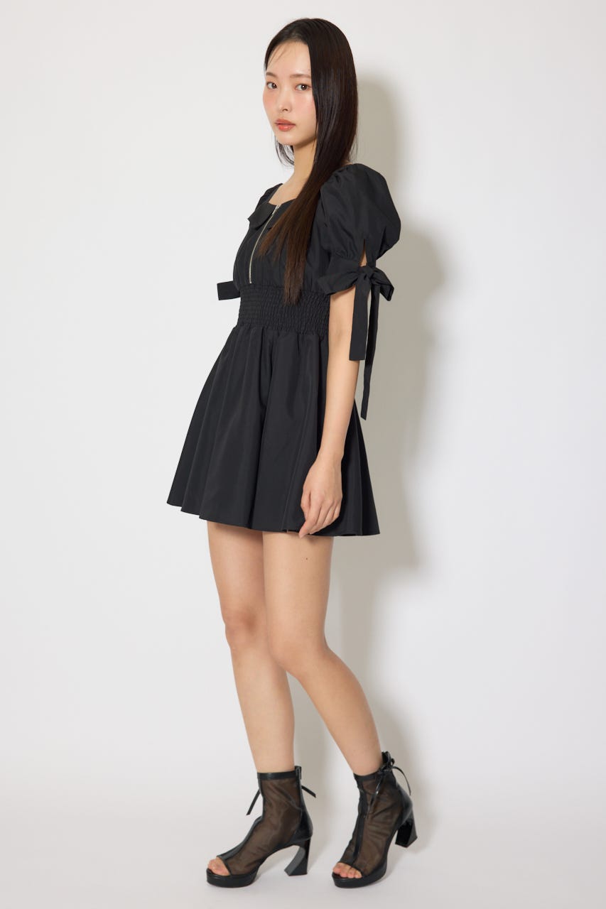 リボンスリーブフレアミニワンピース BLK S