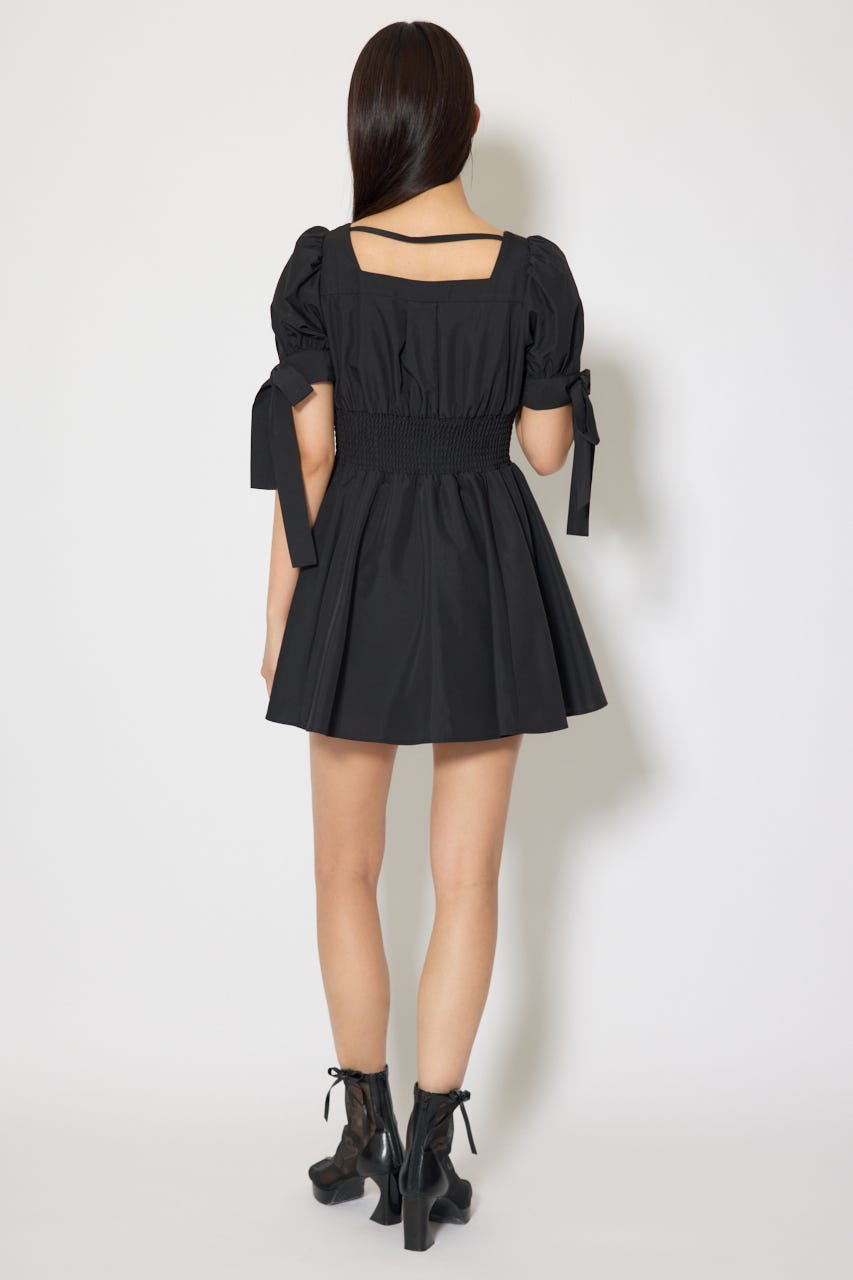 リボンスリーブフレアミニワンピース BLK S