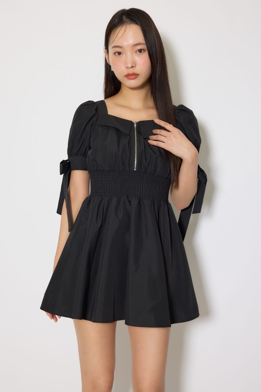 リボンスリーブフレアミニワンピース BLK S
