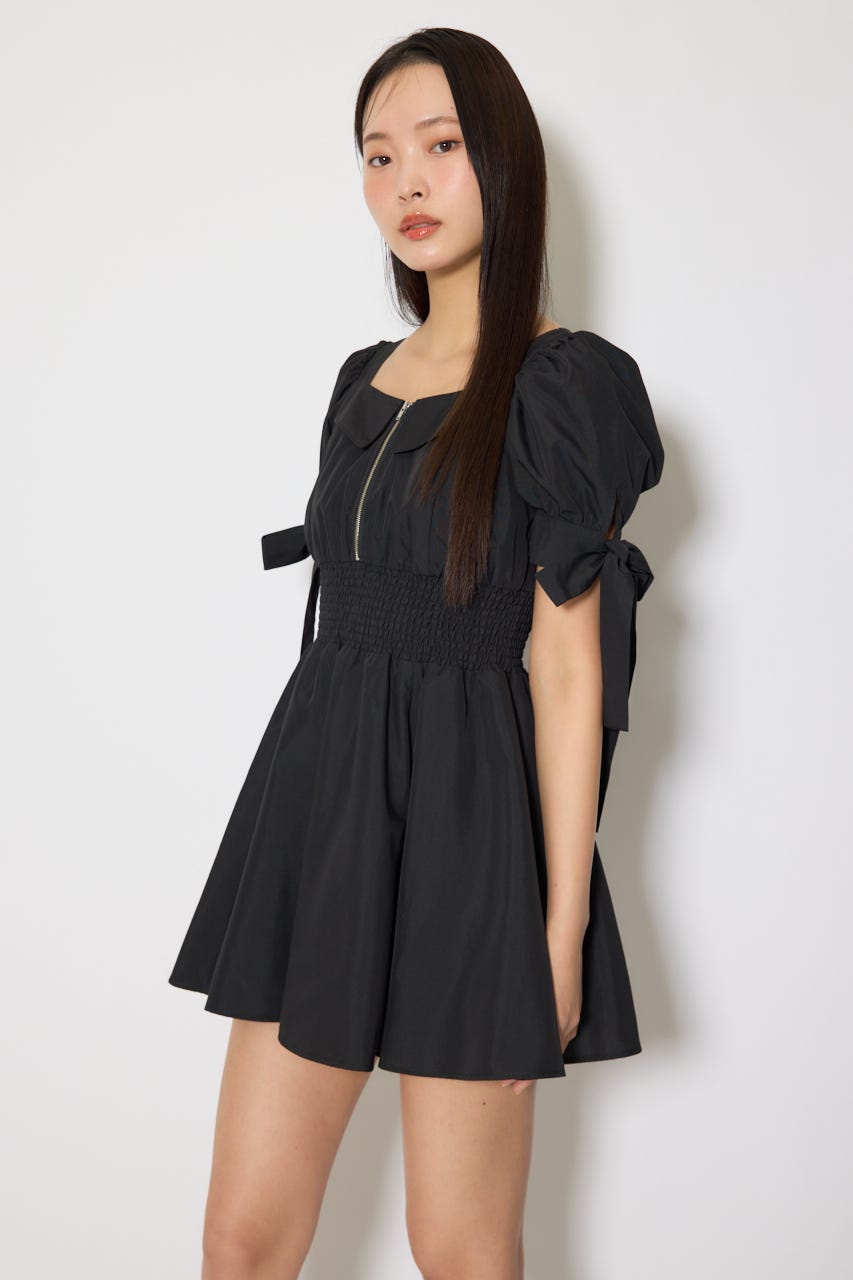リボンスリーブフレアミニワンピース BLK S
