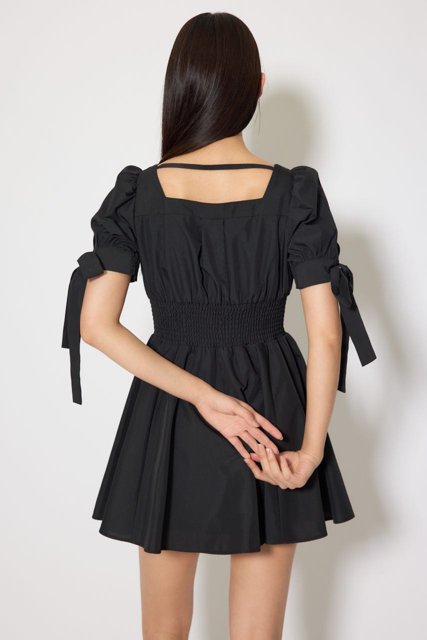 リボンスリーブフレアミニワンピース BLK S