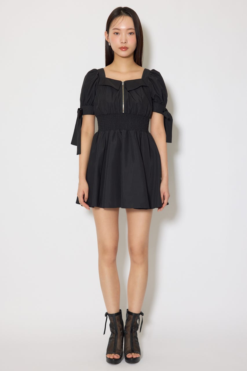 リボンスリーブフレアミニワンピース BLK S
