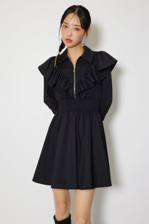 フロントZIPフリルミニシャツワンピース