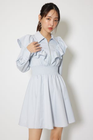 フロントZIPフリルミニシャツワンピース