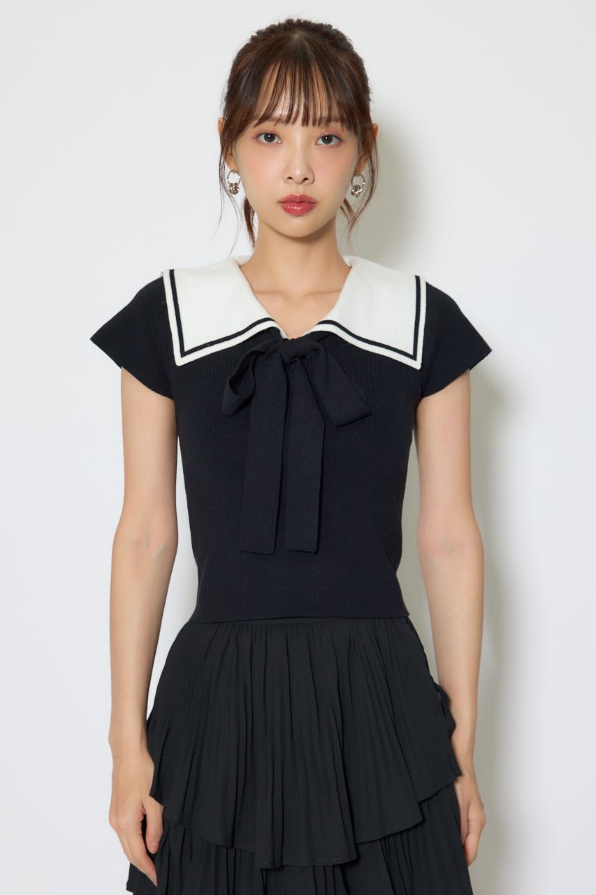セーラーカラーデザインニットトップス BLK FREE