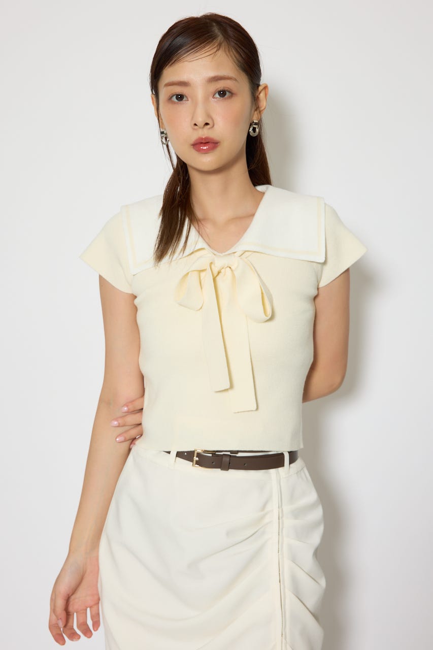 セーラーカラーデザインニットトップス YEL FREE