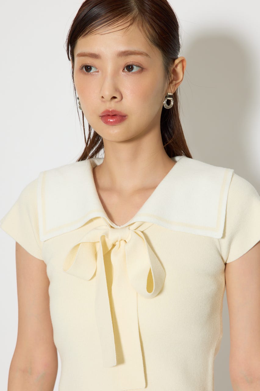 セーラーカラーデザインニットトップス YEL FREE