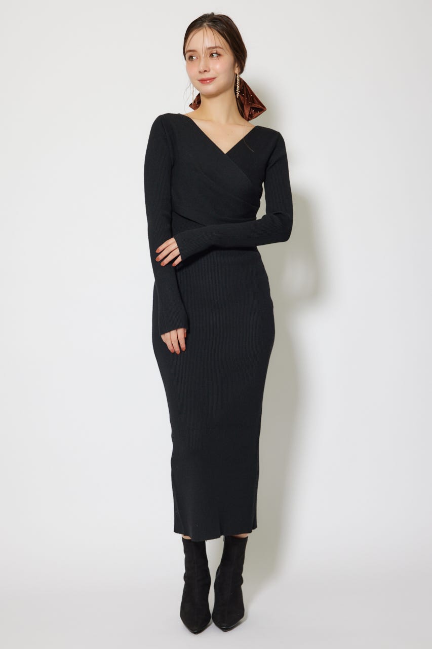 カシュクールウォッシャブルニットワンピース BLK FREE