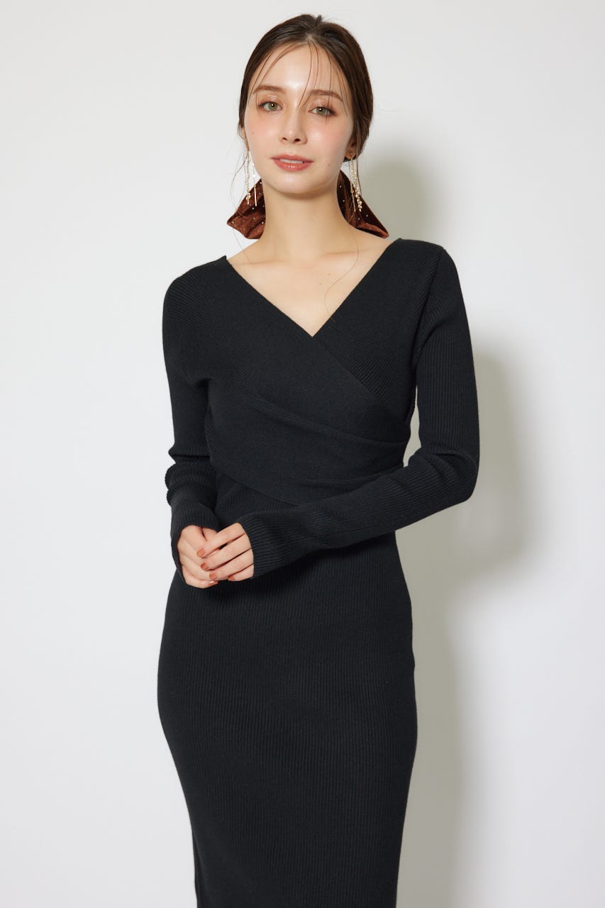 カシュクールウォッシャブルニットワンピース BLK FREE