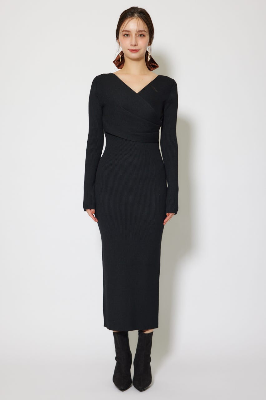 カシュクールウォッシャブルニットワンピース BLK FREE