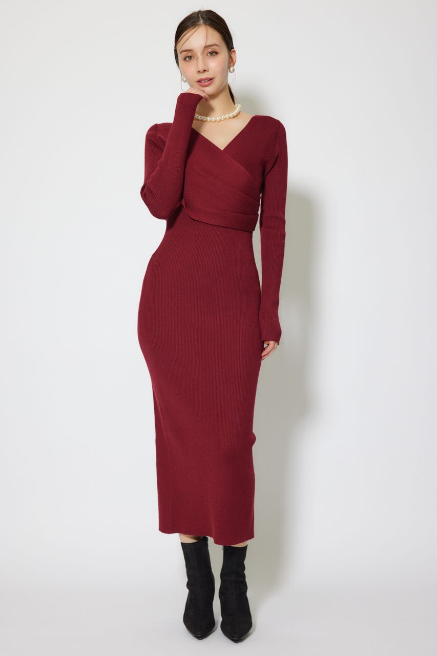 カシュクールウォッシャブルニットワンピース RED FREE