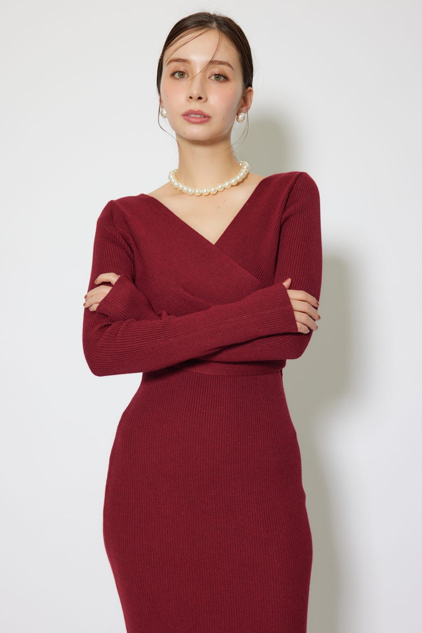 カシュクールウォッシャブルニットワンピース RED FREE