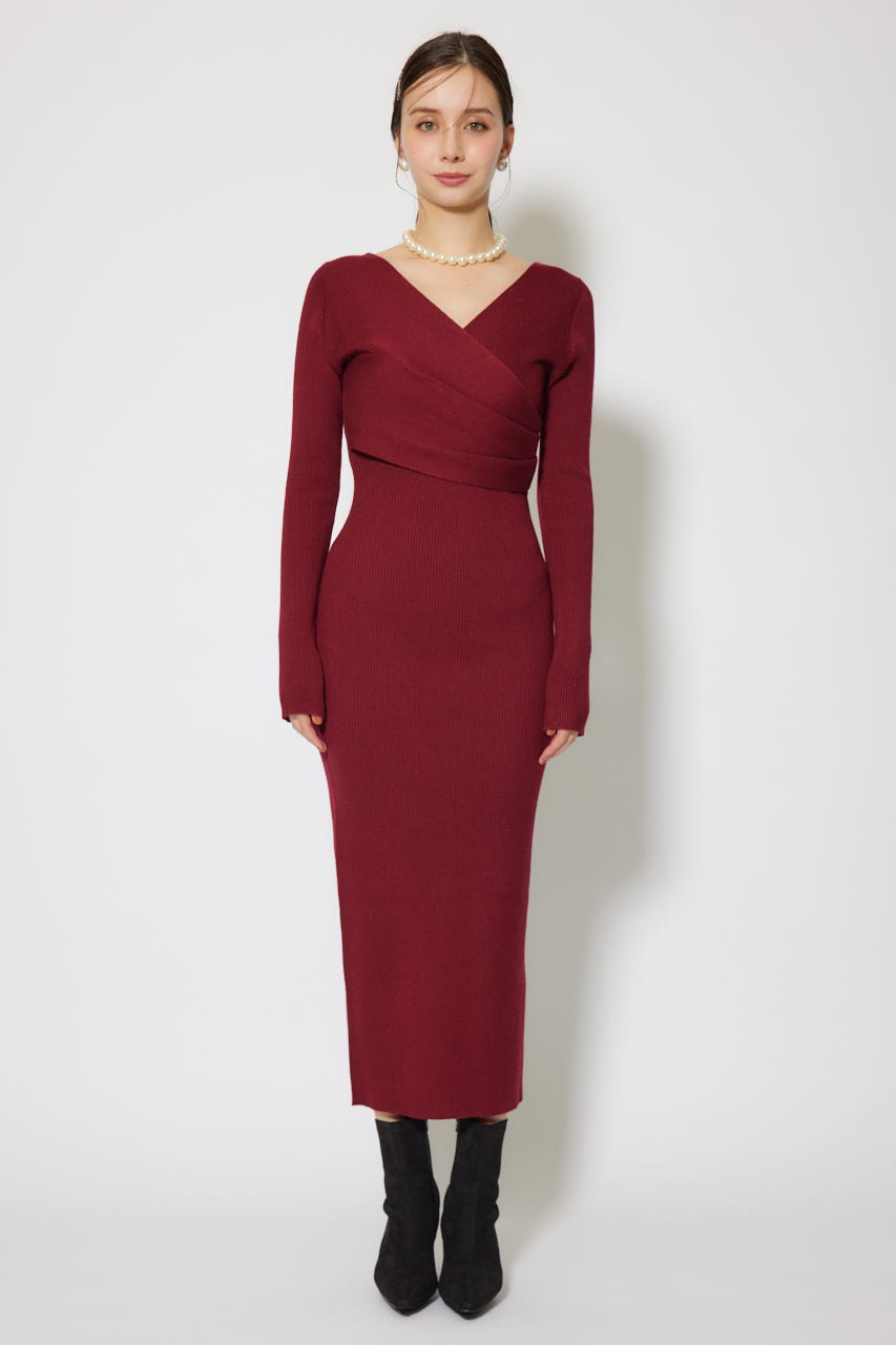 カシュクールウォッシャブルニットワンピース RED FREE