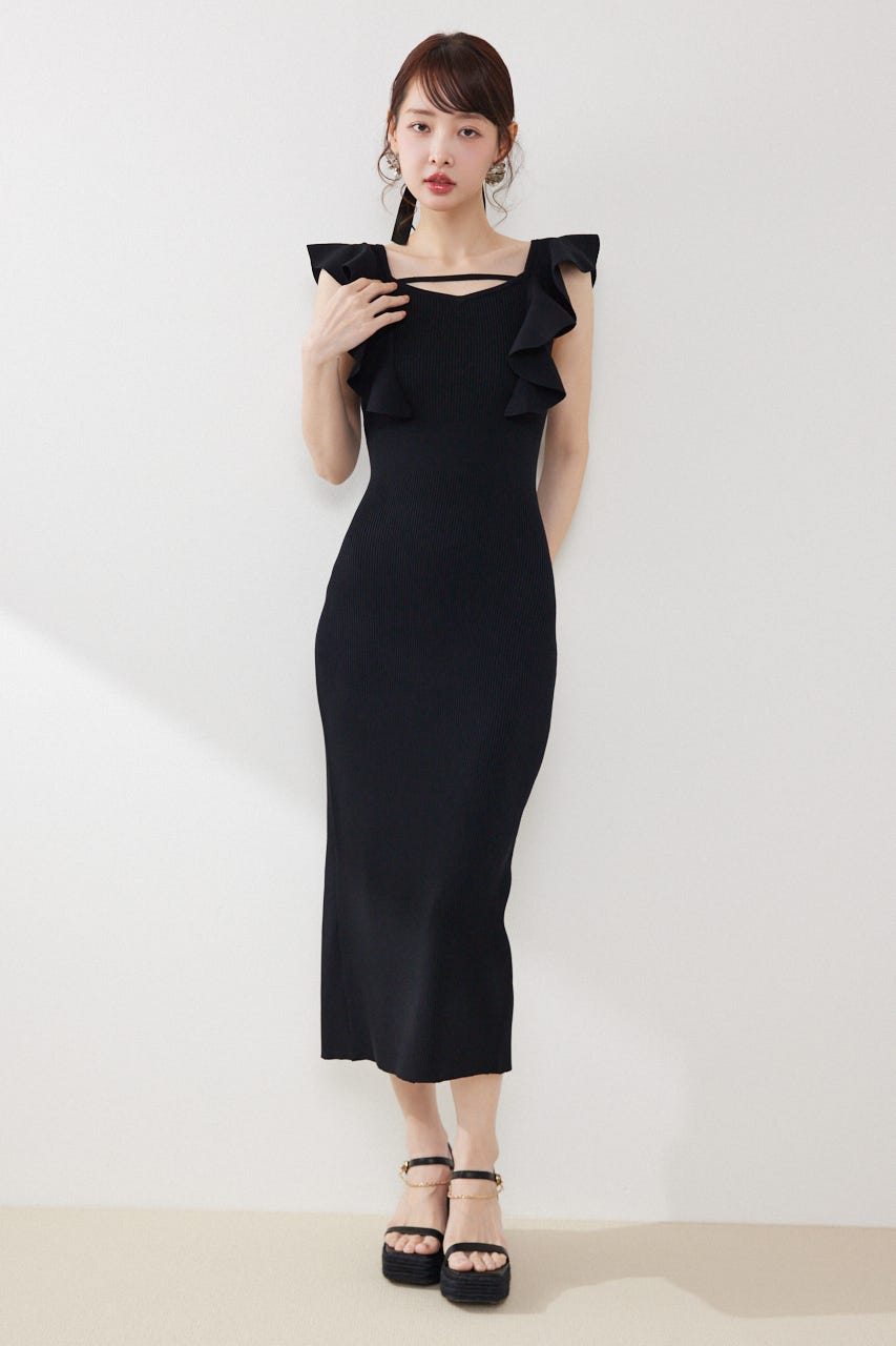 ショルダーフリルタイトニットワンピース BLK FREE