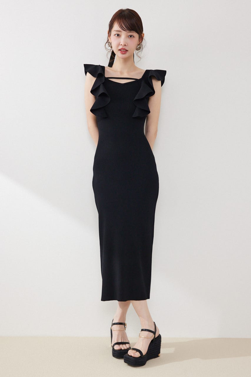 ショルダーフリルタイトニットワンピース BLK FREE