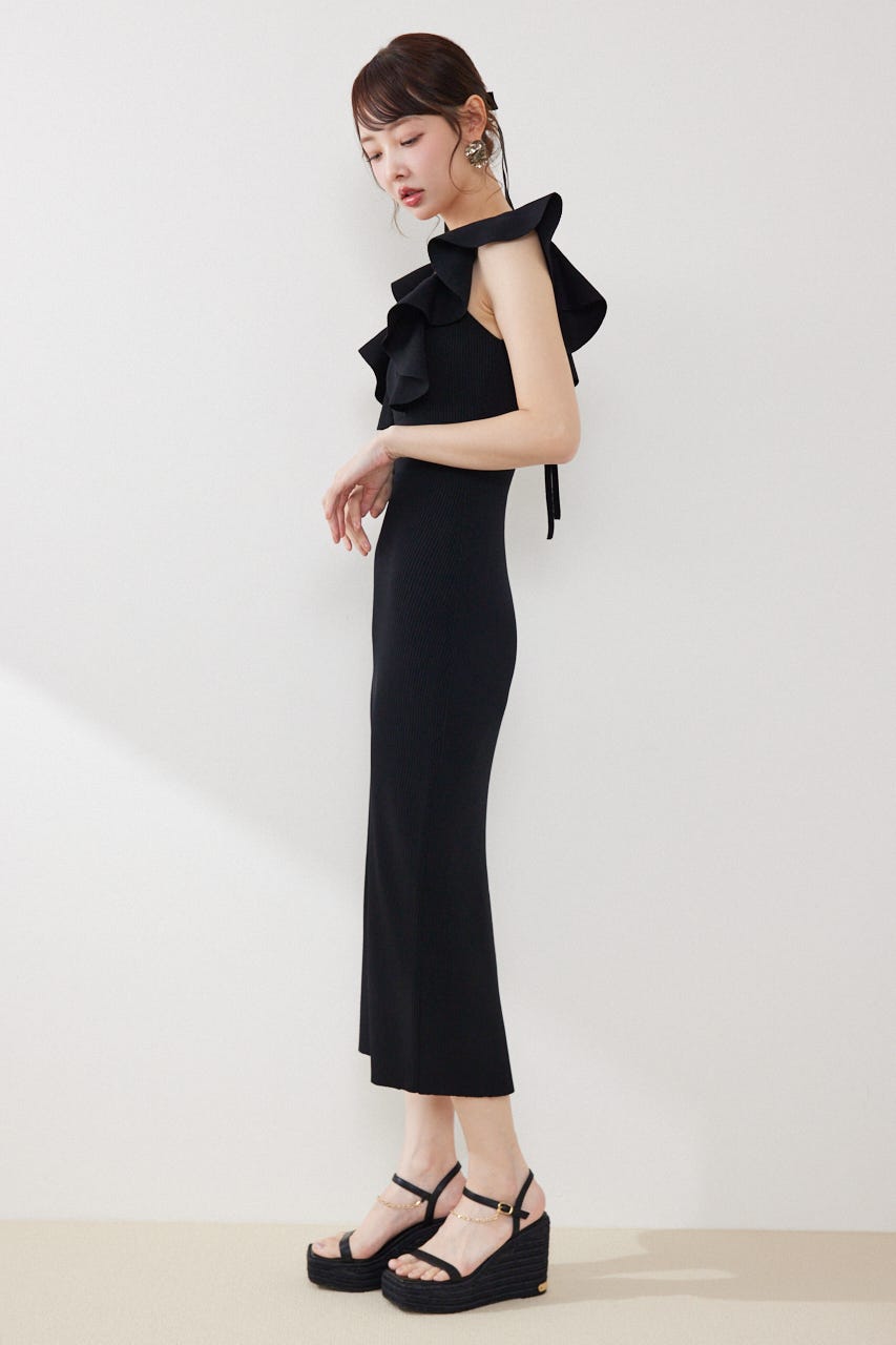 ショルダーフリルタイトニットワンピース BLK FREE
