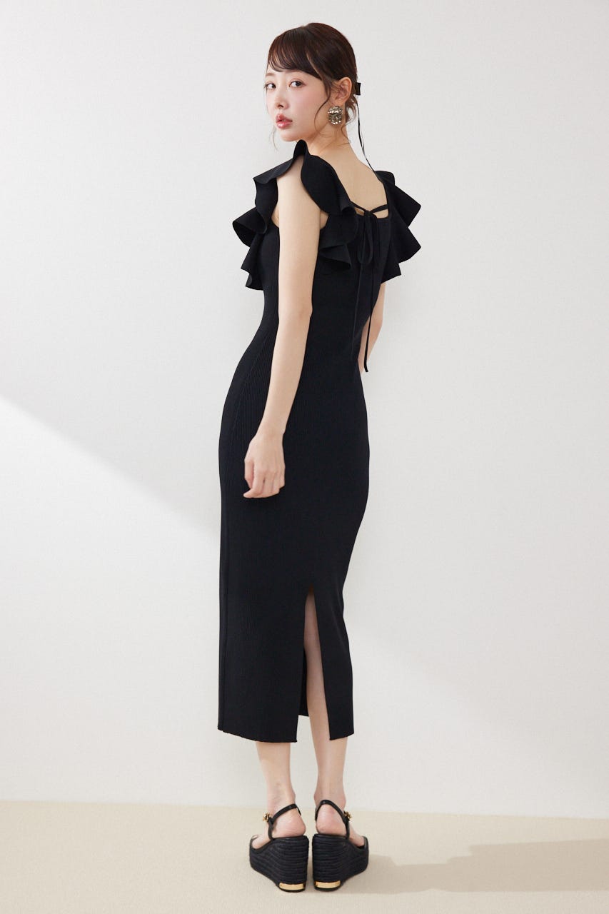 ショルダーフリルタイトニットワンピース BLK FREE