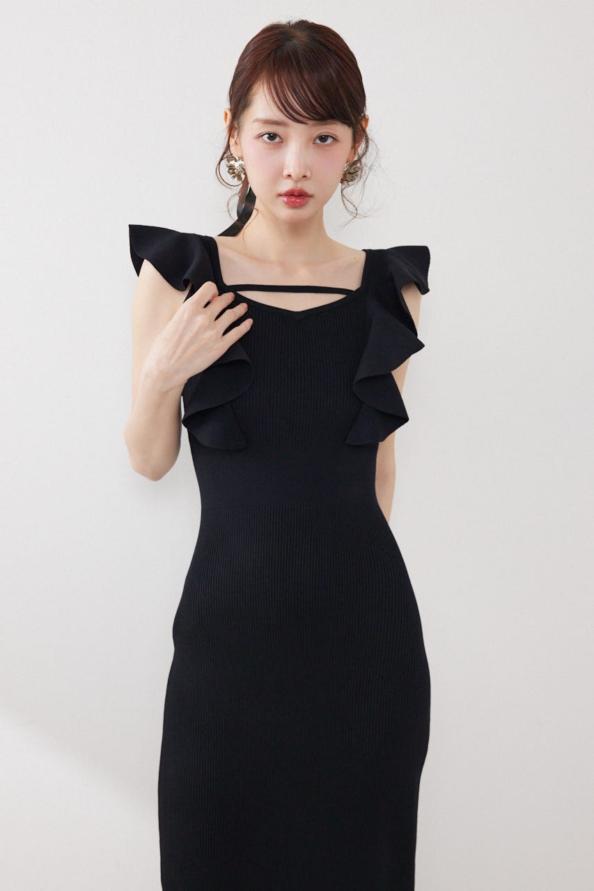 ショルダーフリルタイトニットワンピース BLK FREE