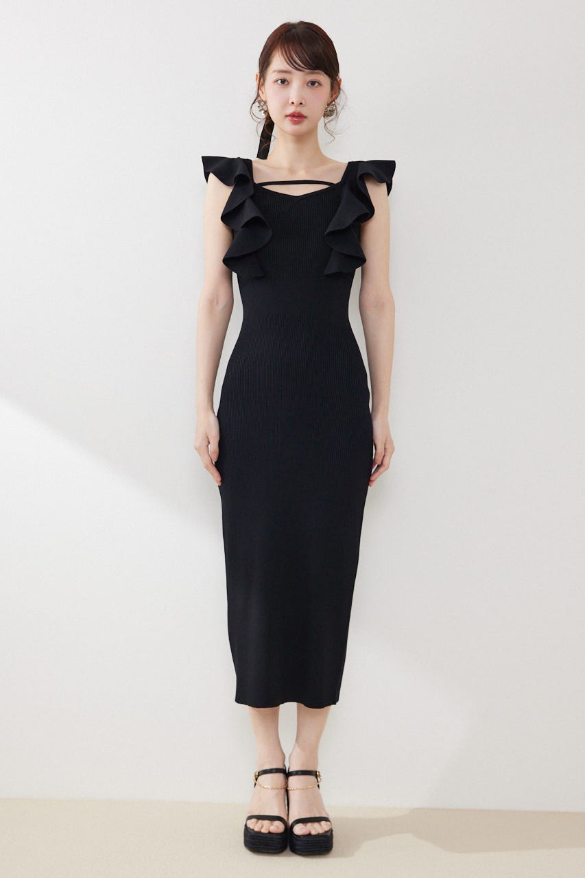 ショルダーフリルタイトニットワンピース BLK FREE