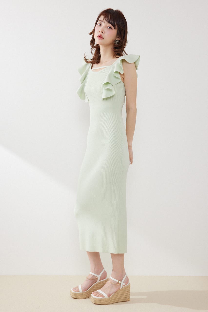 ショルダーフリルタイトニットワンピース MINT FREE