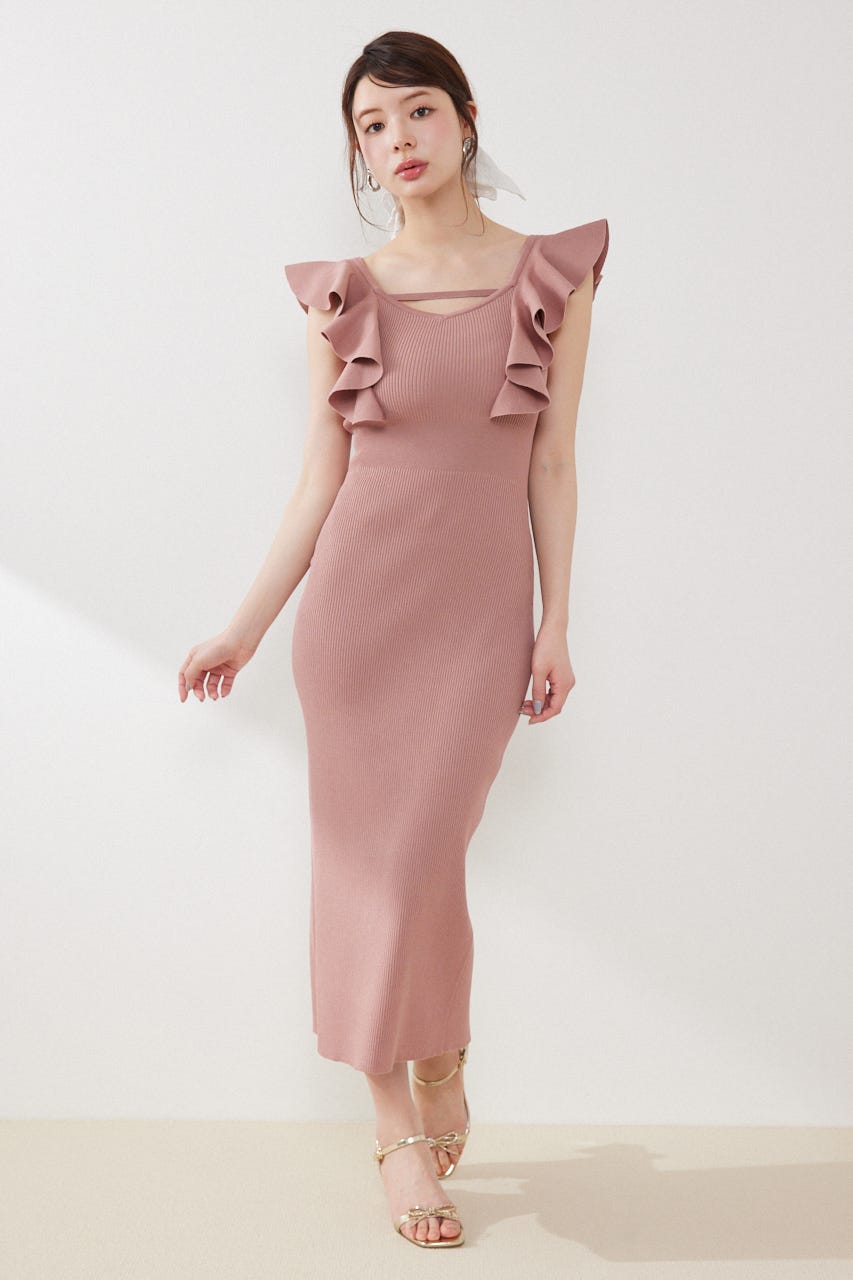 ショルダーフリルタイトニットワンピース PNK FREE