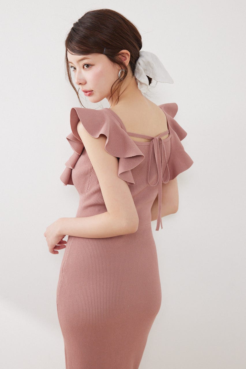 ショルダーフリルタイトニットワンピース PNK FREE