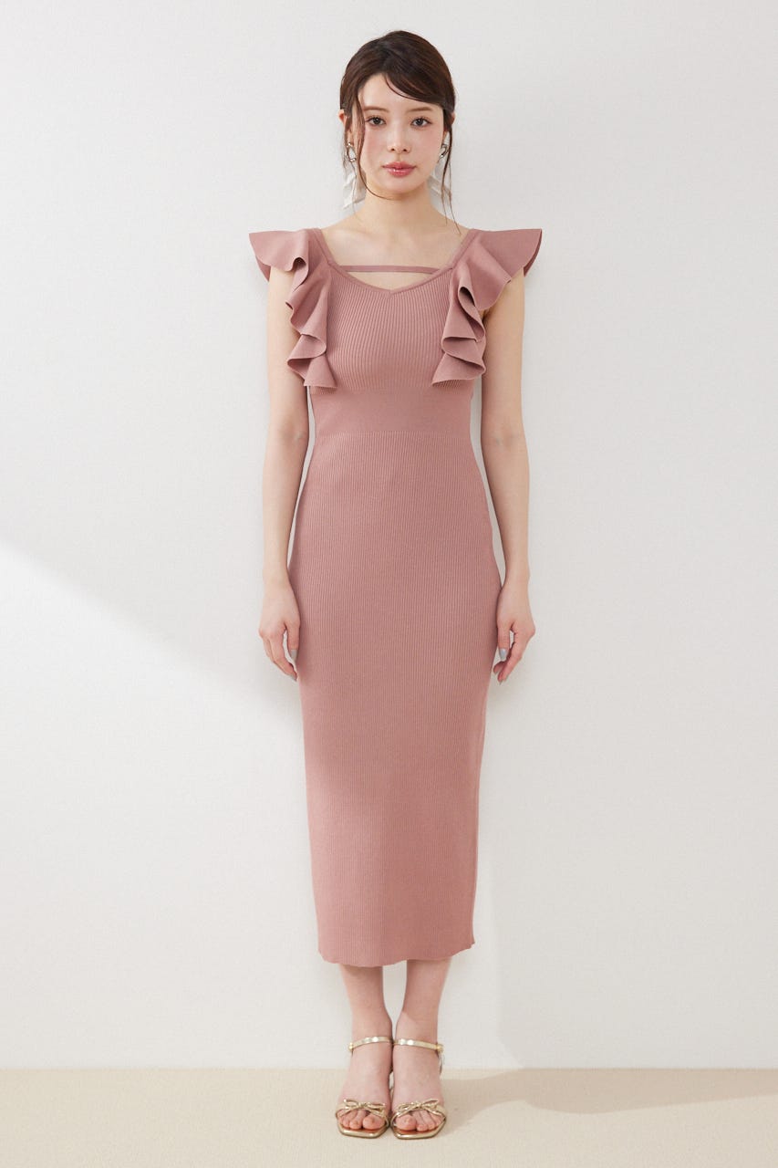 ショルダーフリルタイトニットワンピース PNK FREE