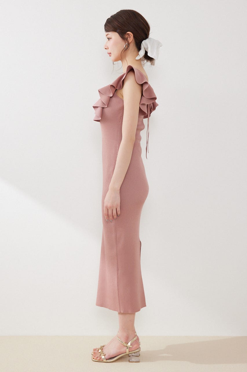 ショルダーフリルタイトニットワンピース PNK FREE