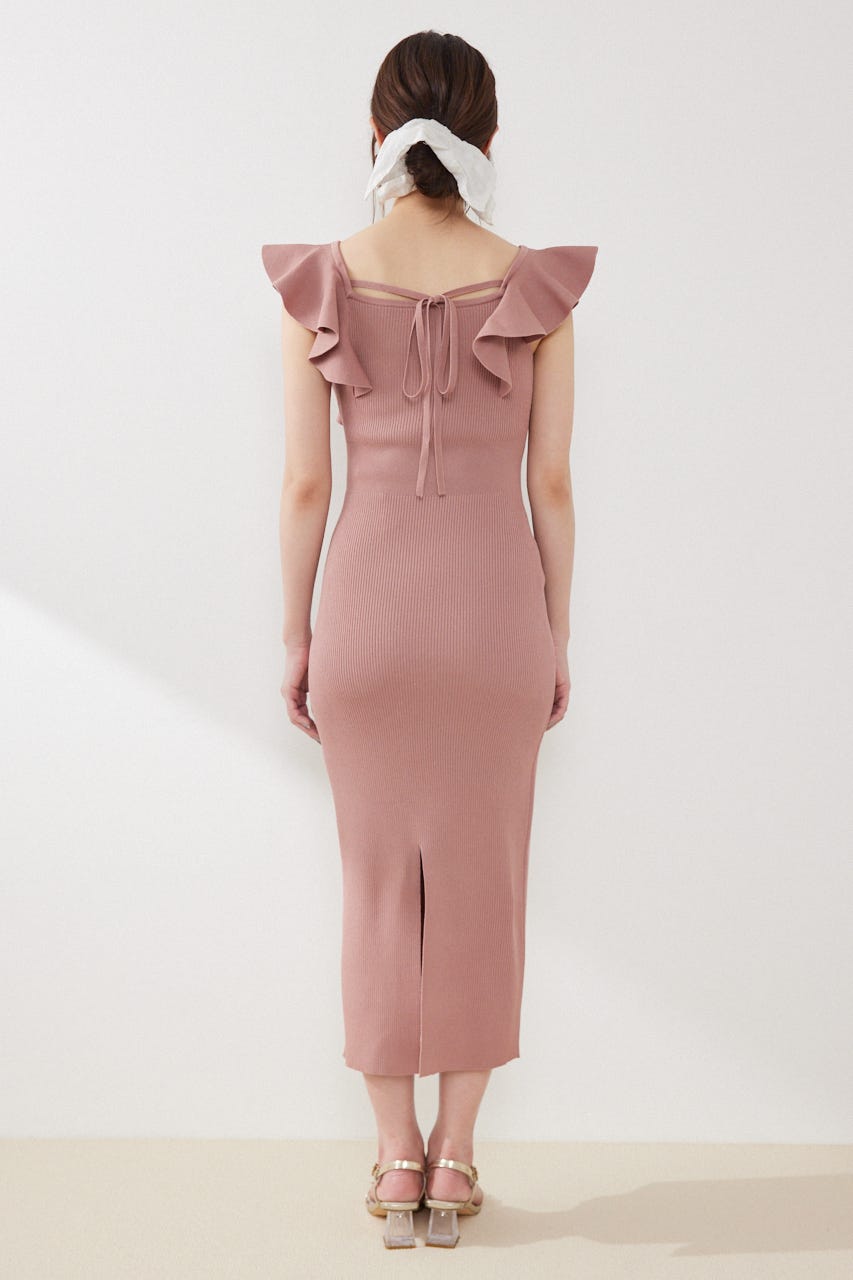 ショルダーフリルタイトニットワンピース PNK FREE