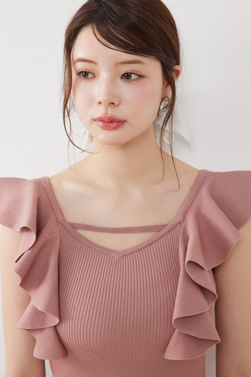 ショルダーフリルタイトニットワンピース PNK FREE