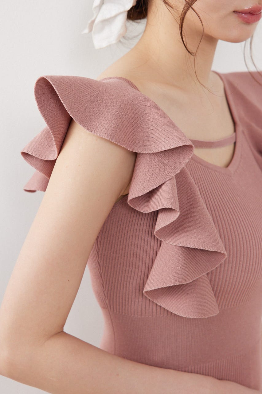 ショルダーフリルタイトニットワンピース PNK FREE