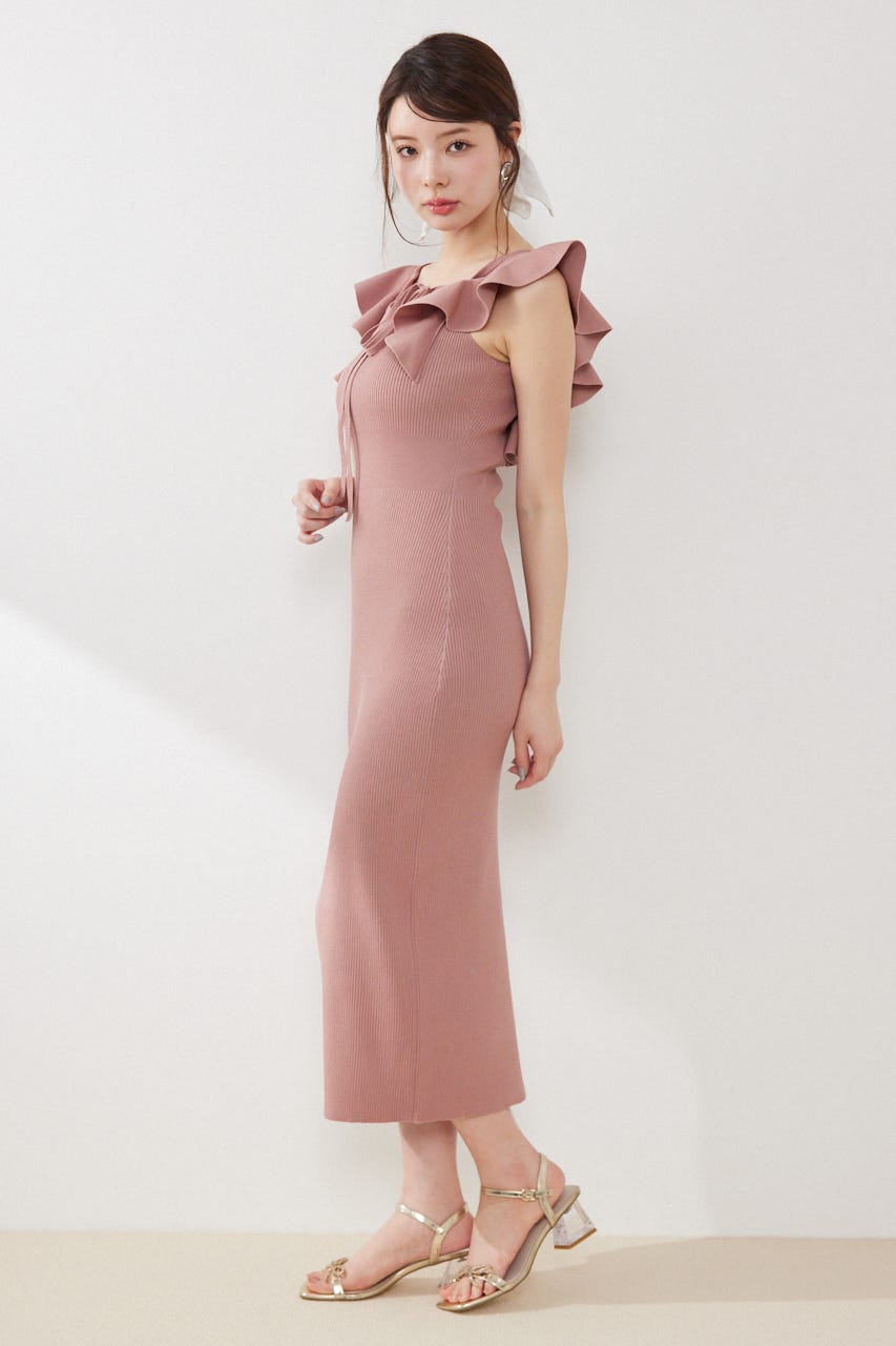 ショルダーフリルタイトニットワンピース PNK FREE