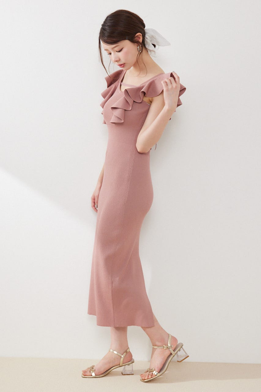 ショルダーフリルタイトニットワンピース PNK FREE