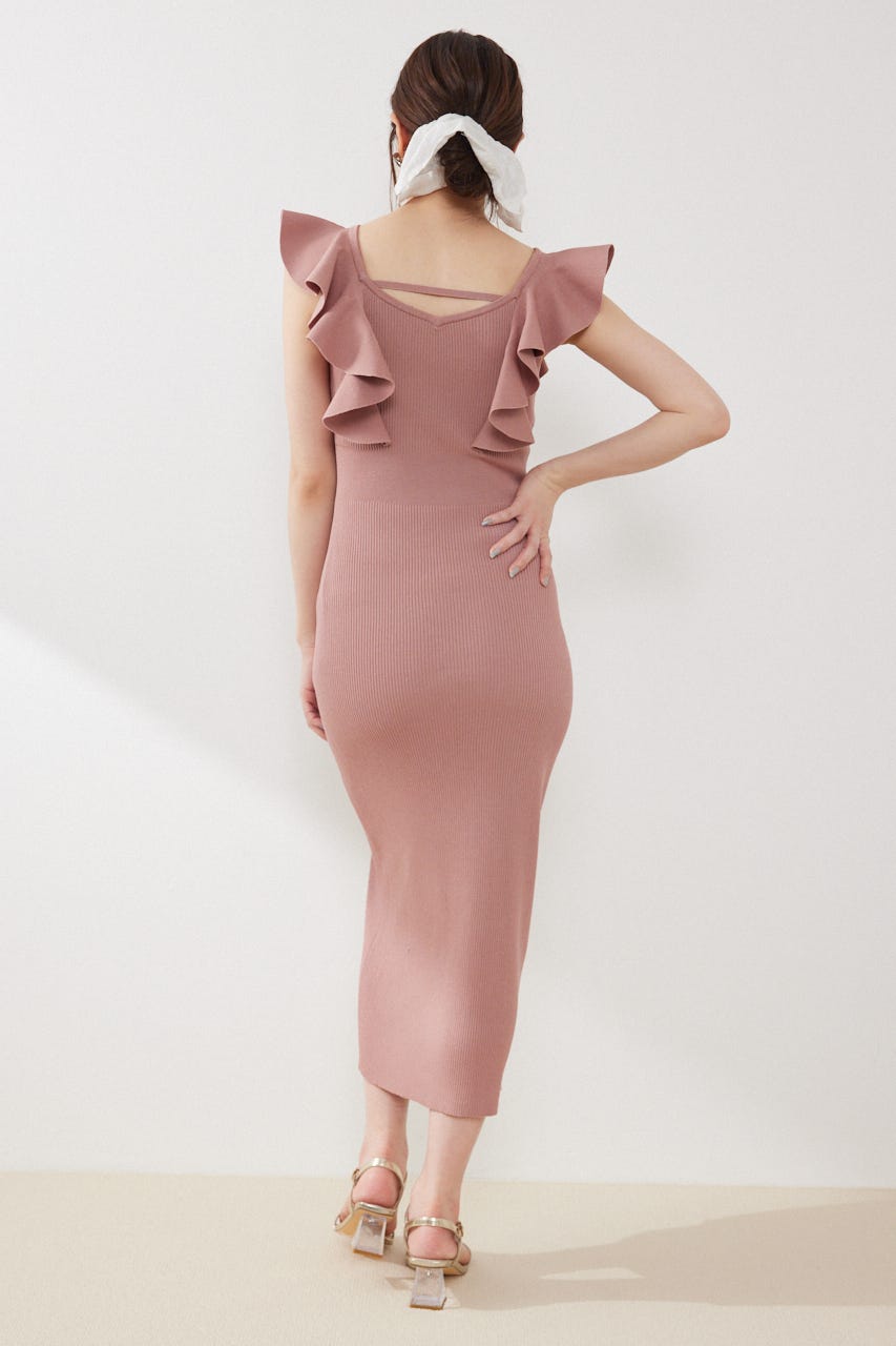 ショルダーフリルタイトニットワンピース PNK FREE