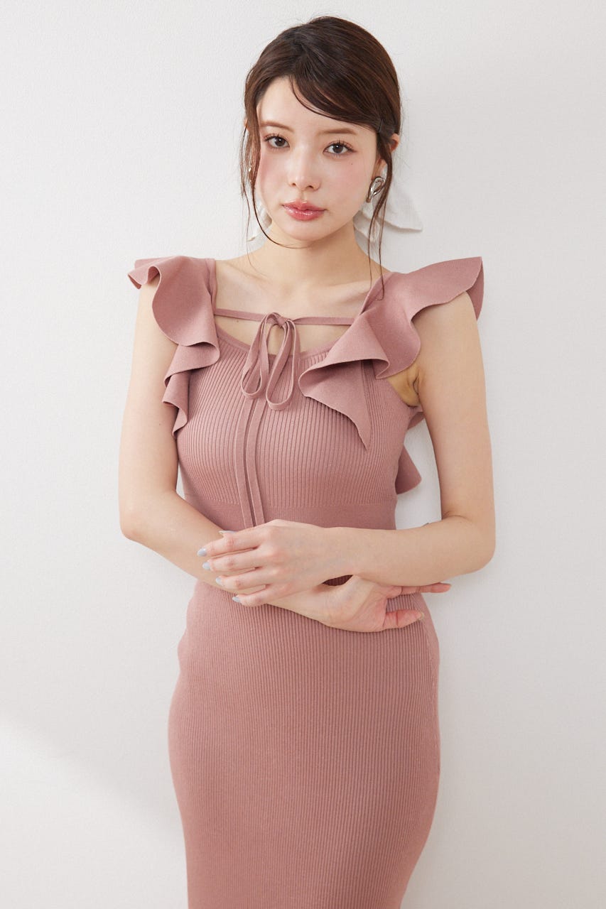 ショルダーフリルタイトニットワンピース PNK FREE