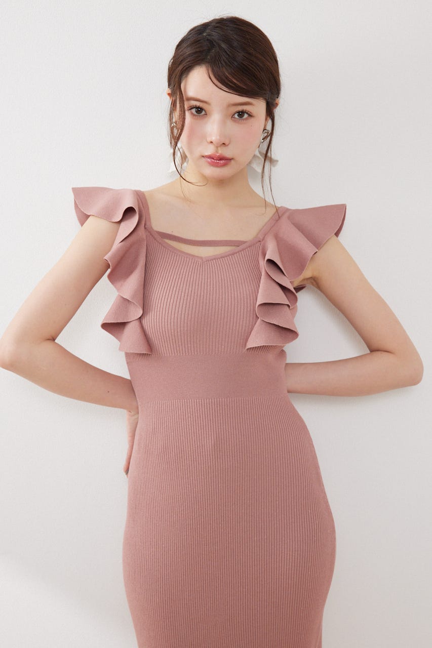 ショルダーフリルタイトニットワンピース PNK FREE
