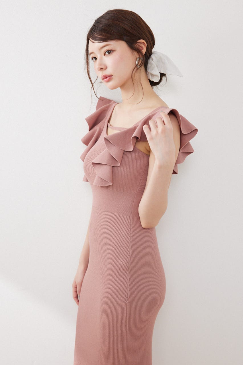 ショルダーフリルタイトニットワンピース PNK FREE