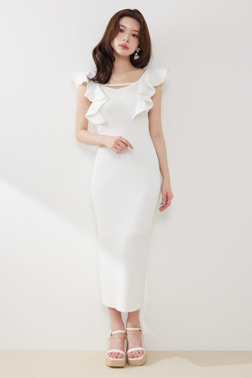 ショルダーフリルタイトニットワンピース WHT FREE