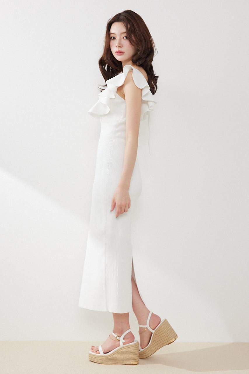ショルダーフリルタイトニットワンピース WHT FREE