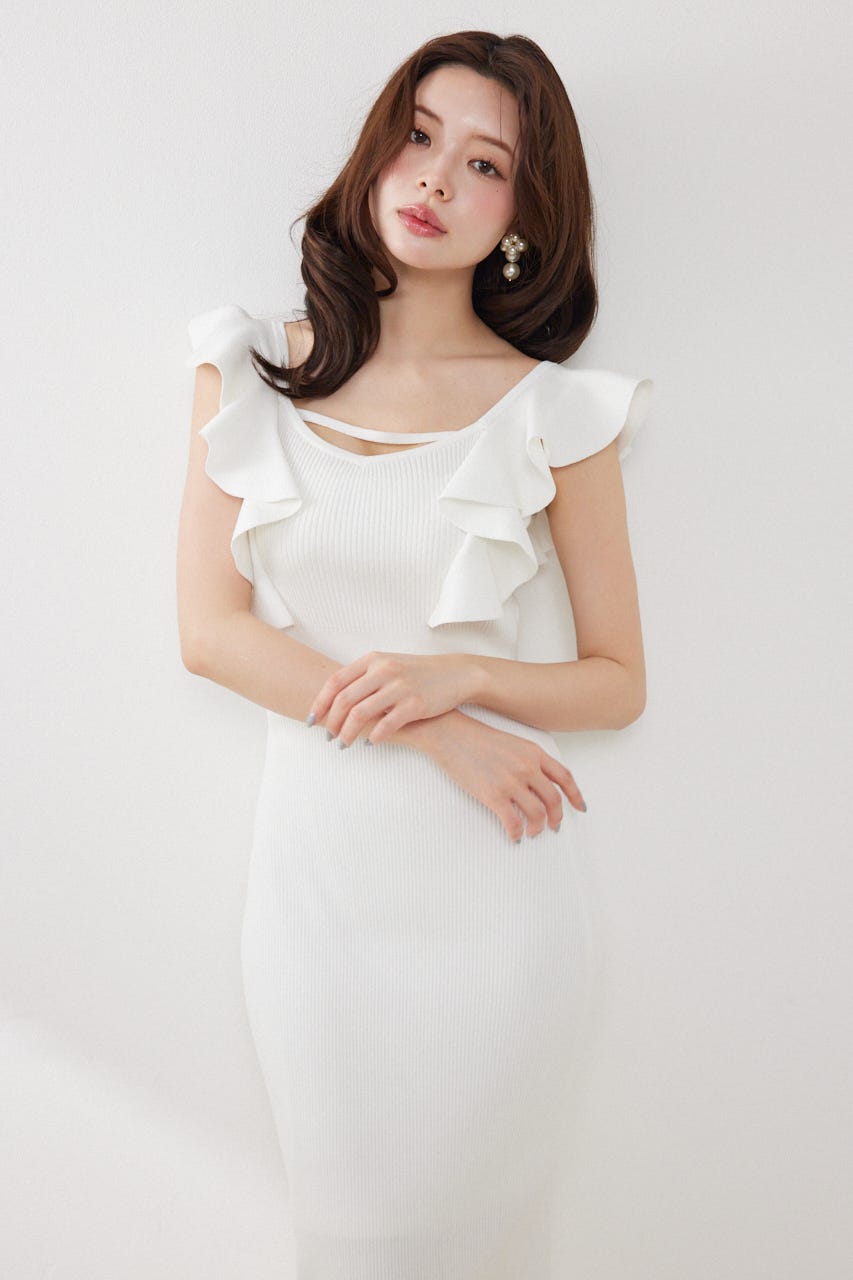 ショルダーフリルタイトニットワンピース WHT FREE