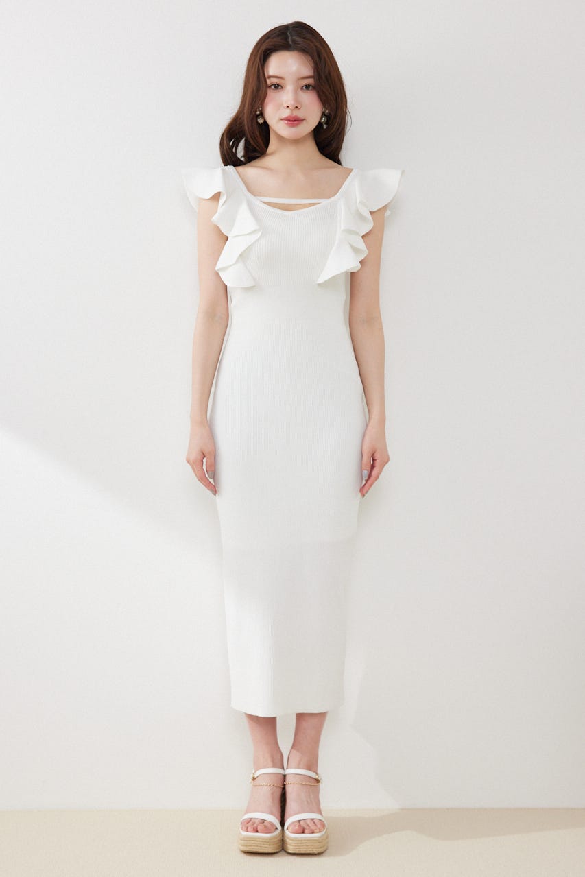 ショルダーフリルタイトニットワンピース WHT FREE