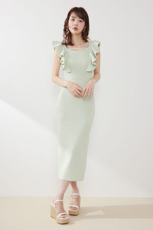 ショルダーフリルタイトニットワンピース