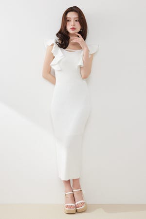 ショルダーフリルタイトニットワンピース