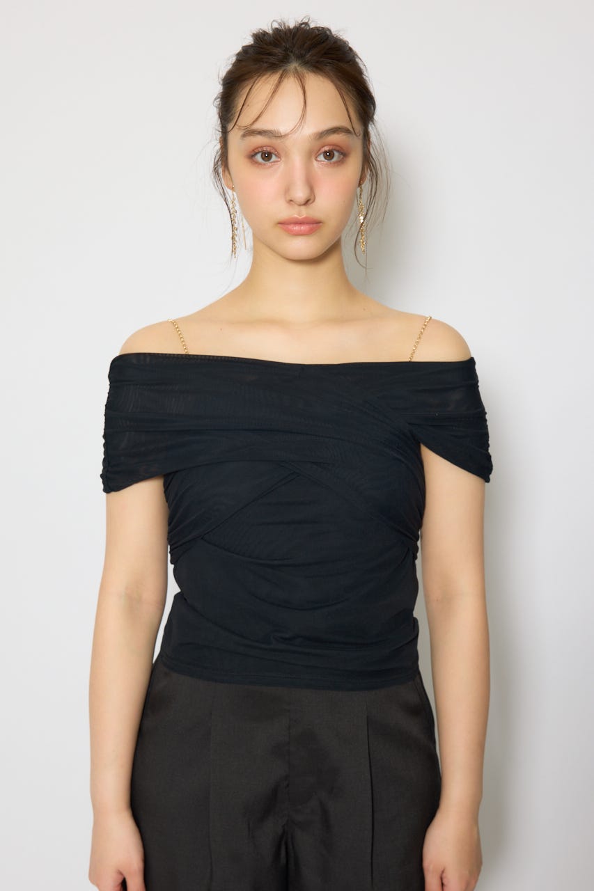 フロントクロスチュールカットトップス BLK FREE