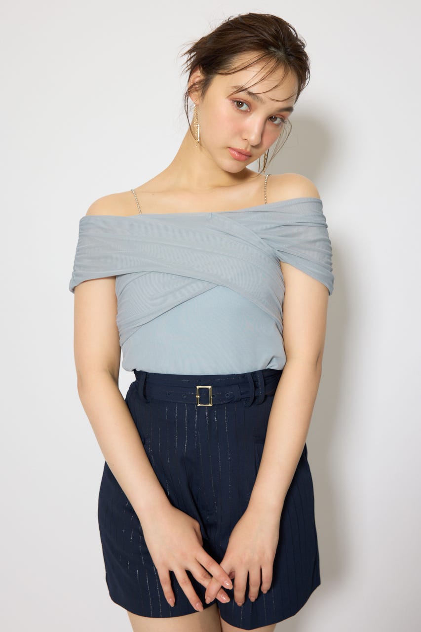 フロントクロスチュールカットトップス L/BLU FREE