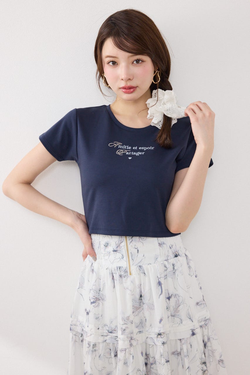 ラインストーンコンパクトロゴTシャツ NVY FREE