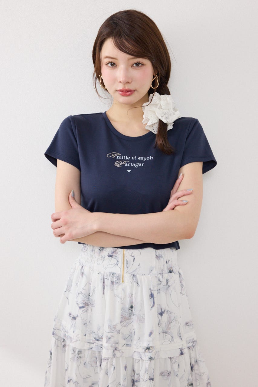 ラインストーンコンパクトロゴTシャツ NVY FREE