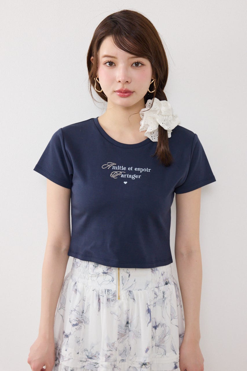 ラインストーンコンパクトロゴTシャツ NVY FREE