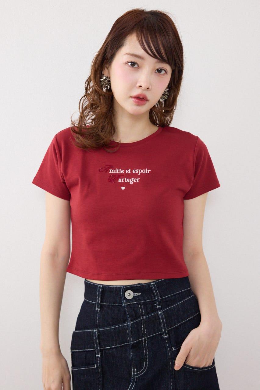 ラインストーンコンパクトロゴTシャツ RED FREE