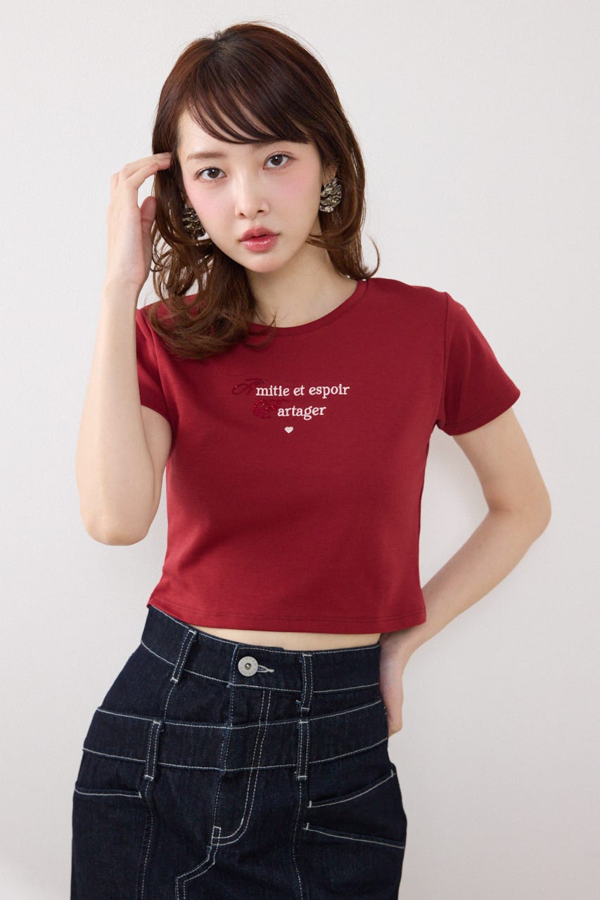 ラインストーンコンパクトロゴTシャツ RED FREE
